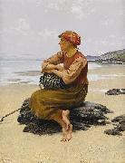 Sittande ostronplockerska pa stranden, August Hagborg